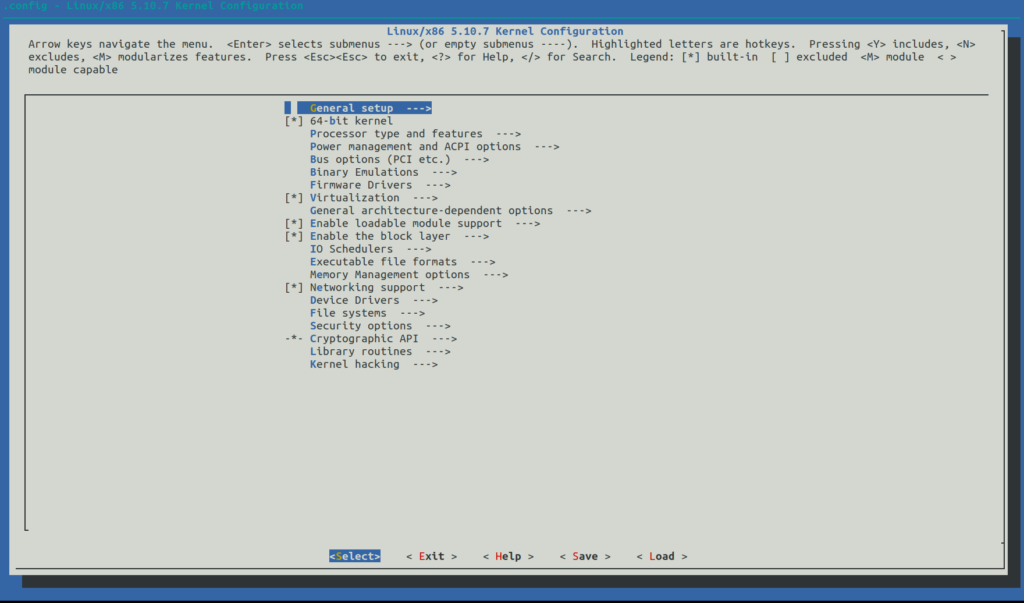 Kernel configuratie scherm