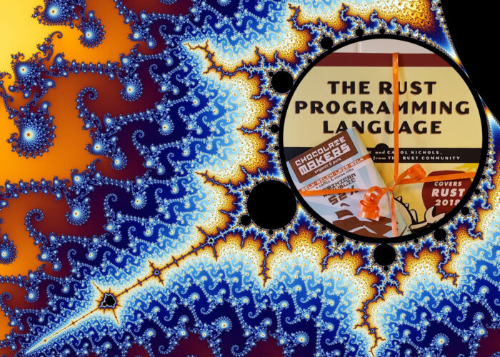 Mandelbrot met een inset van het "The Rust Programming Language" #rustlang boek