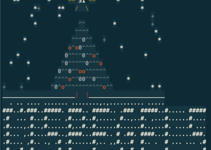 De oplossing in commandline output: naast de letters zie je ook sneeuwvlokken, een kerstboom en een ster met daarin de uiteindelijke afstand.