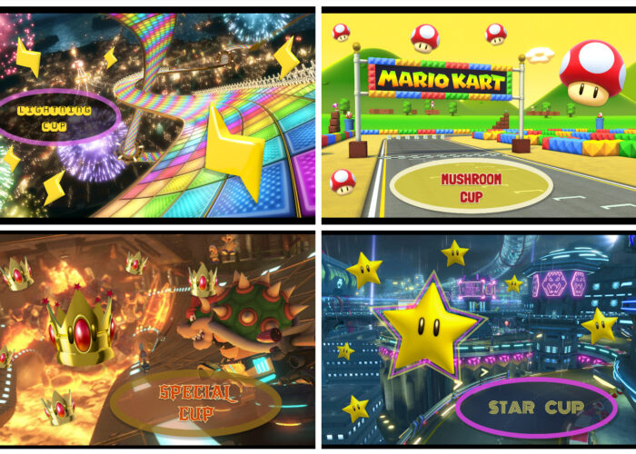 Posters van de Lightning, Mushroom, Special en Start Cup.