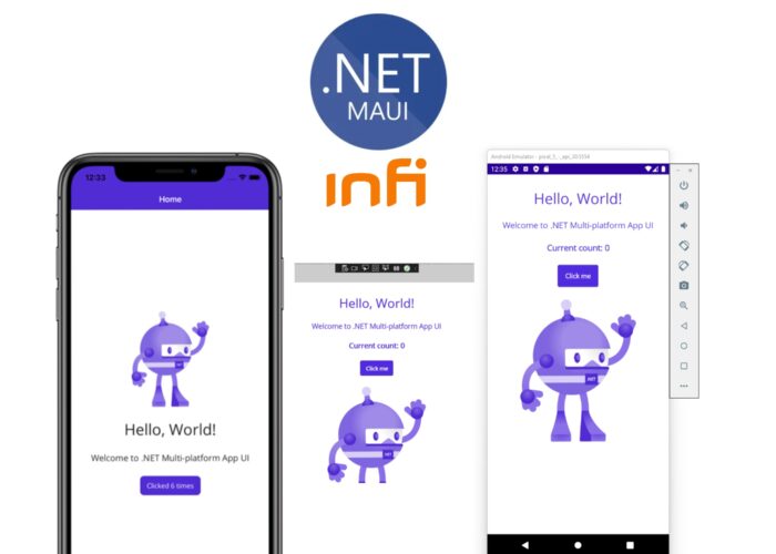 .NET MAUI title screen with 3 devices, windows, android and ios