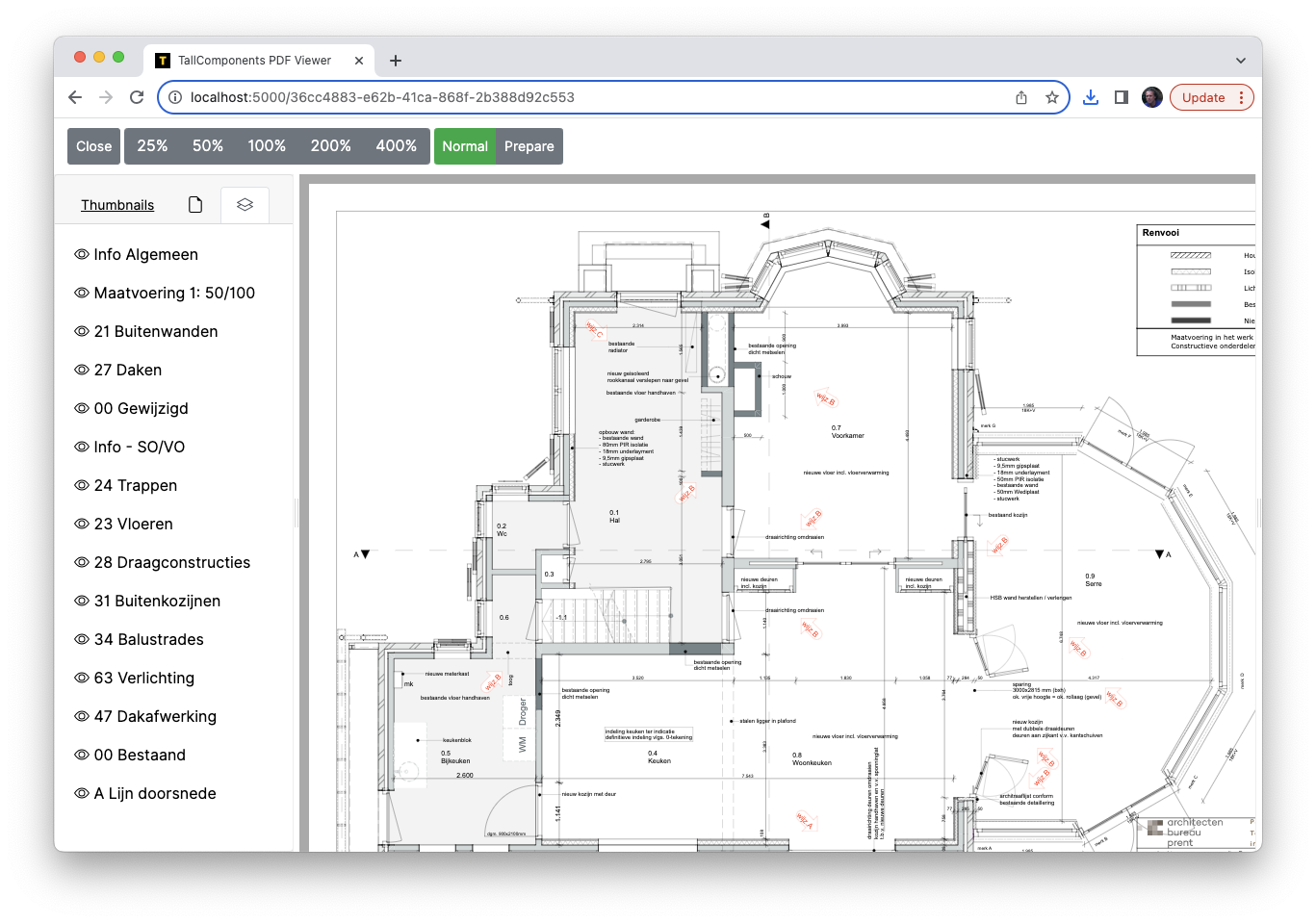 Een pdf viewer die 100% gebruik maakt van html, svg en css van een architectuur tekening