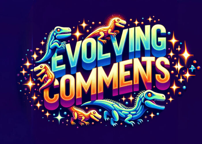 Neon getinte 'Evolving Comments' typografie met lichteffecten en versierd met cartoonachtige dinosaurussen die goed past bij het onderwerp code comments bijwerken met large language models