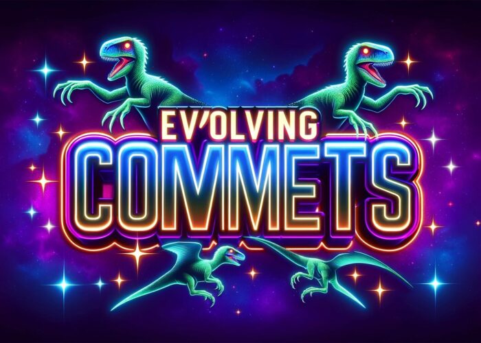 Dinosaurussen die om een tekst 'evolving comments' heen staan