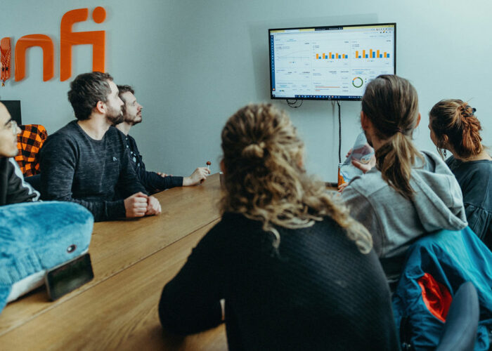 Groep mensen die aan een tafel zitten en naar een gedeeld scherm met grafieken kijken