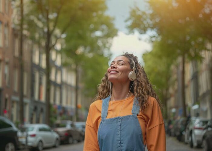 Lachend vrouw met oranje shirt en koptelefoon op die naar de lucht kijkt met de ogen grotendeels dichtgeknepen