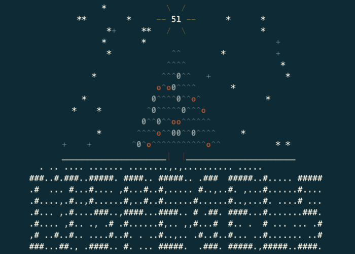 De oplossing in commandline output: naast de letters zie je ook sneeuwvlokken, een kerstboom en een ster met daarin de uiteindelijke afstand.