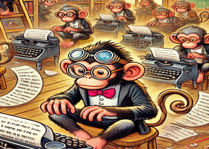 Group of monkeys typing on typewriters