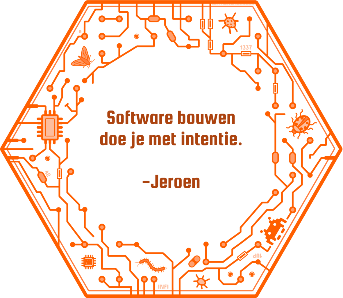 Hexagonale "tegel" met tekst "Software bouwen doe je met intentie. -Jeroen"