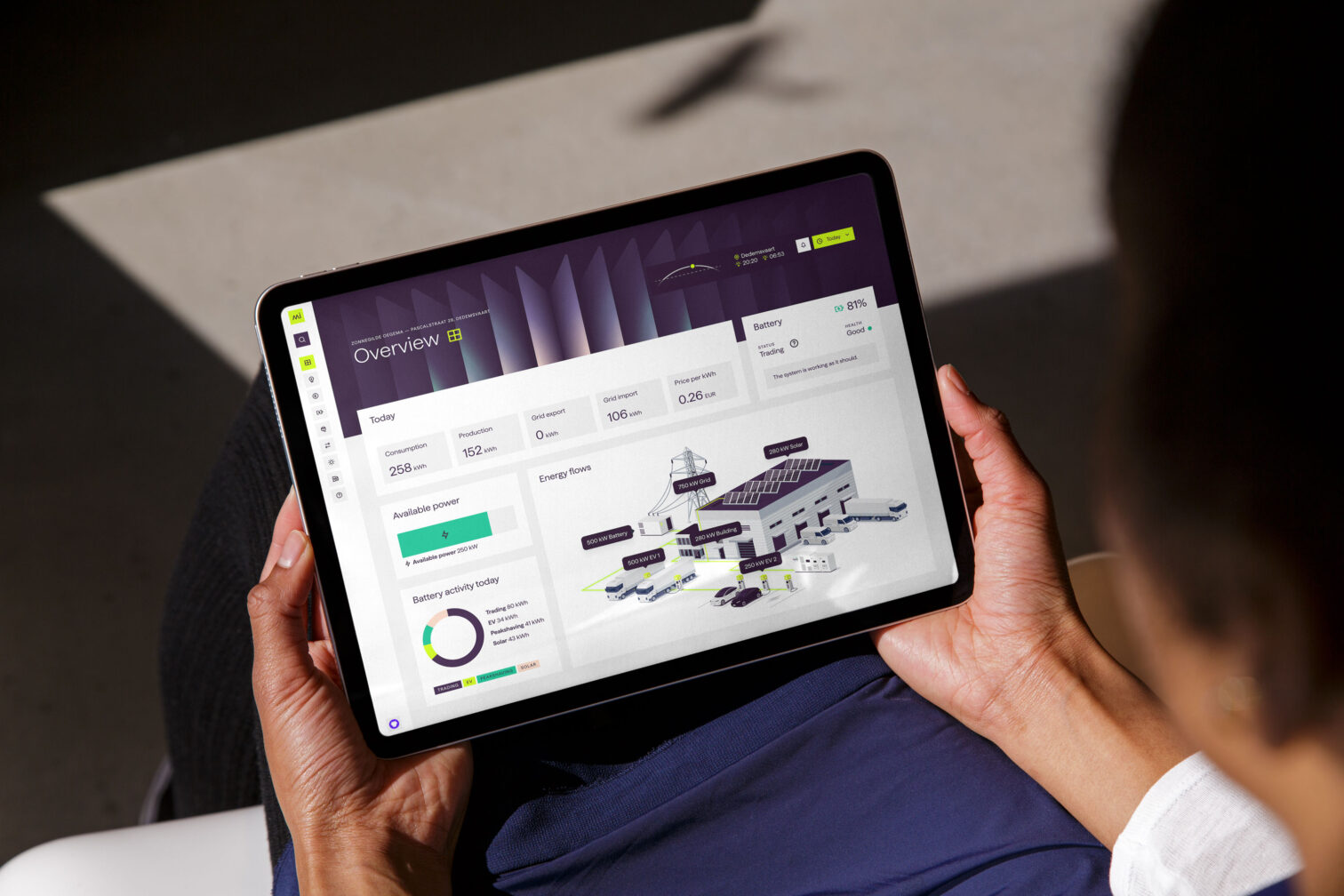 Tablet in handen van een persoon, op het tablet een visual van energiestromen voor een bedrijf.